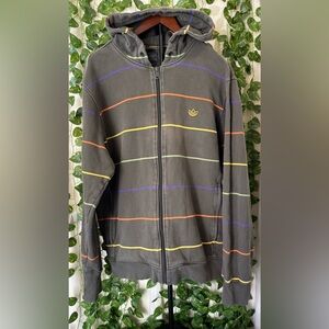 adidas Black Zip-Up Fleece Jacket with Multicolor Stripes